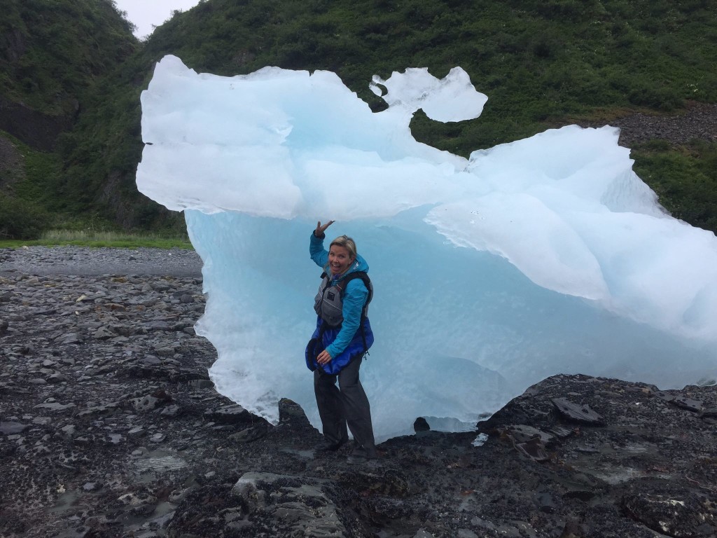 Christine West, adventure guiding in alaska, fins to spurs, Christine and a iceburg